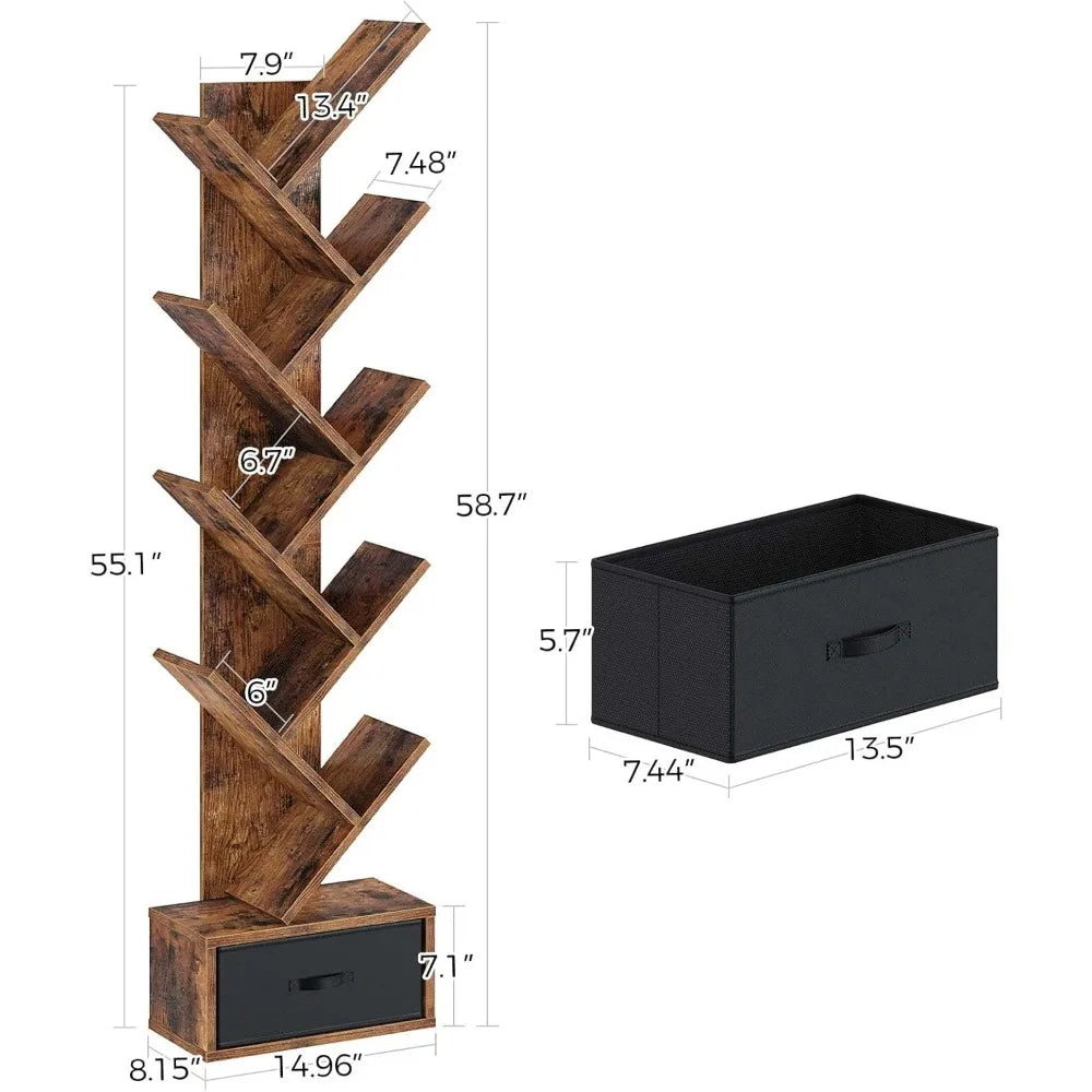 Rustic 9-Tier Tree Bookshelf Floor Cabinet with Drawer