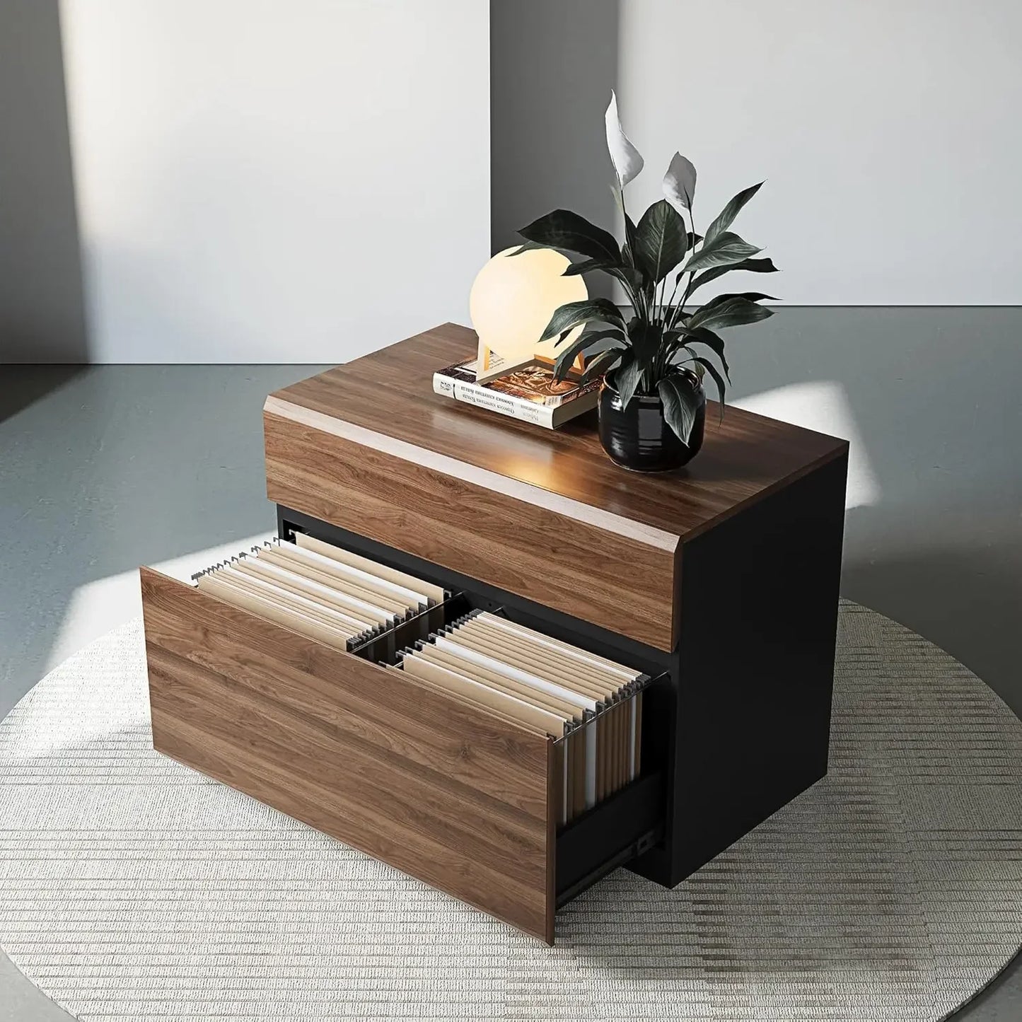 Modern Filing Cabinet – 2 Drawers &amp; 2 Doors with Walnut Accents