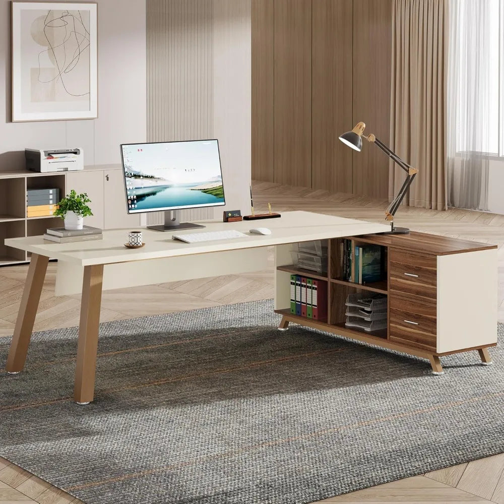 Modern L-Shaped Executive Desk 71" x 55" with File Cabinet and Open Shelving