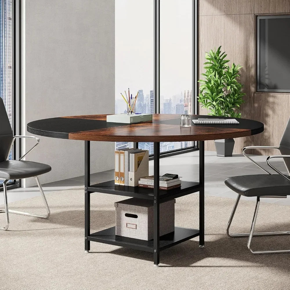 Focus & Furnished 47" Round Conference Table – Modern Meeting Table with Storage Shelf for 4–6 People, Office Collaboration Desk