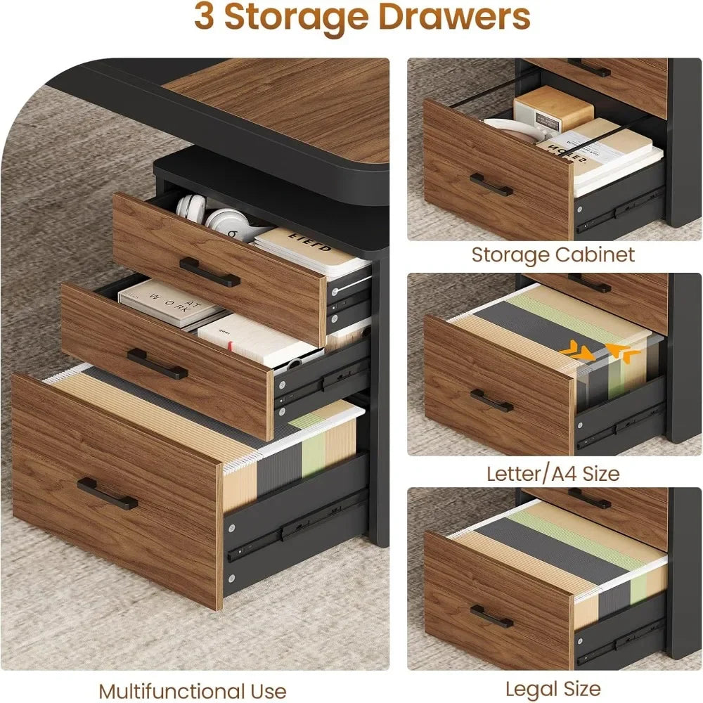 Modern Executive Office Desk – 70.9” Computer Desk with Storage Cabinet & Built-In Charging Station