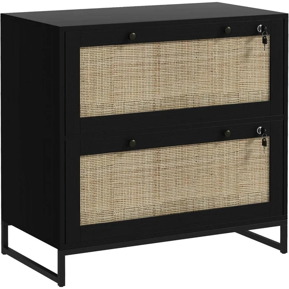Boho Rattan Filing Cabinet – 2 Lockable Drawers with File Dividers