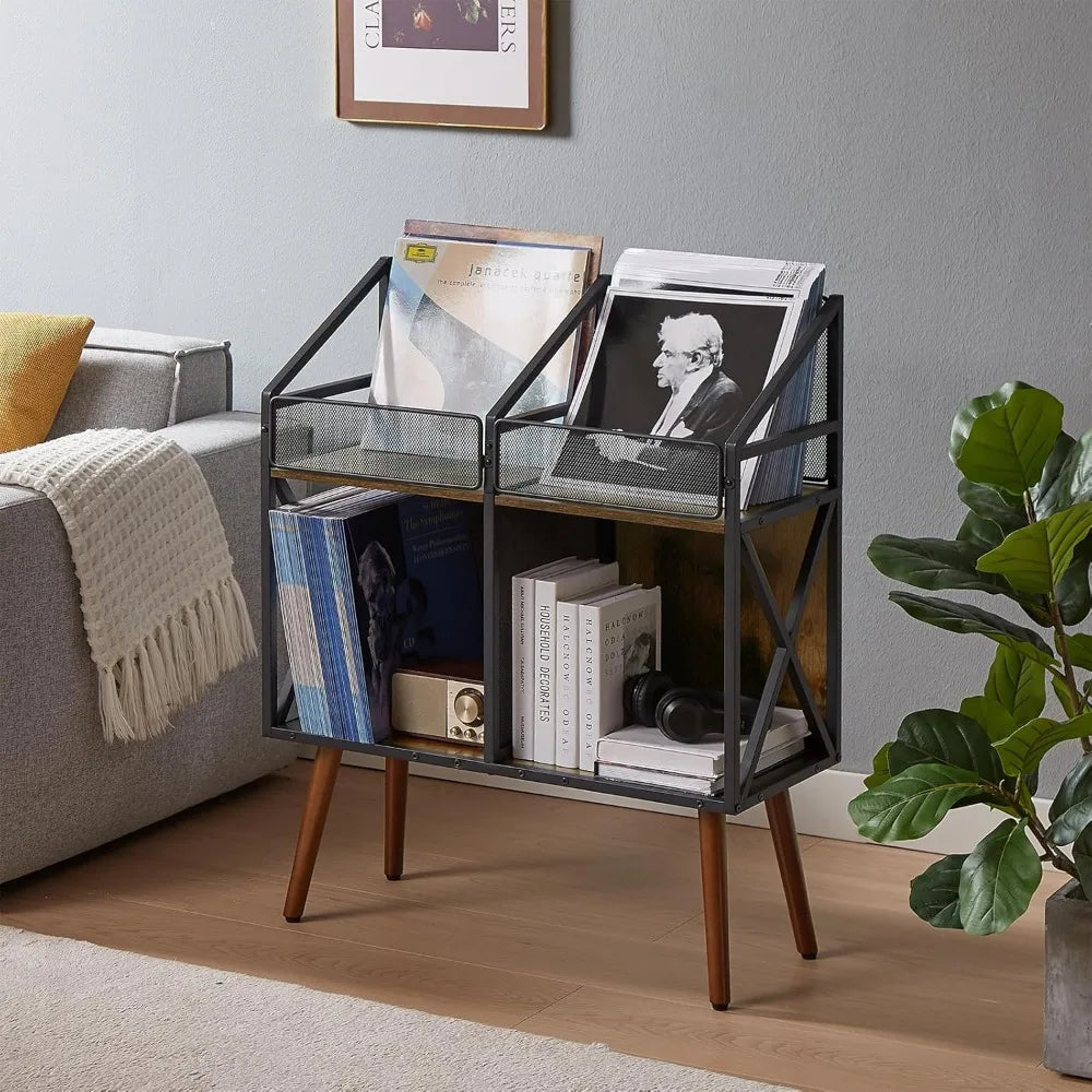 2-Tier Vinyl Record Storage Cabinet – Retro Black Metal Wood Stand