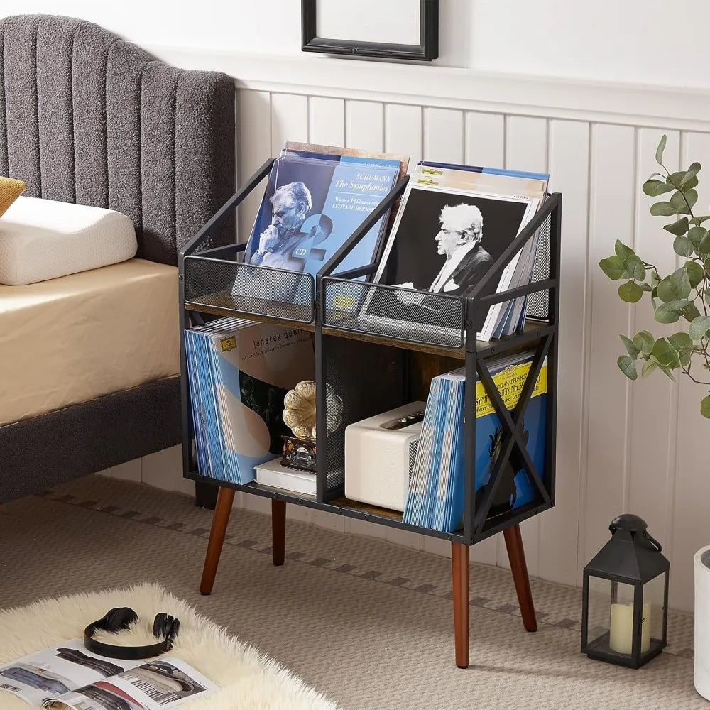 2-Tier Vinyl Record Storage Cabinet – Retro Black Metal Wood Stand