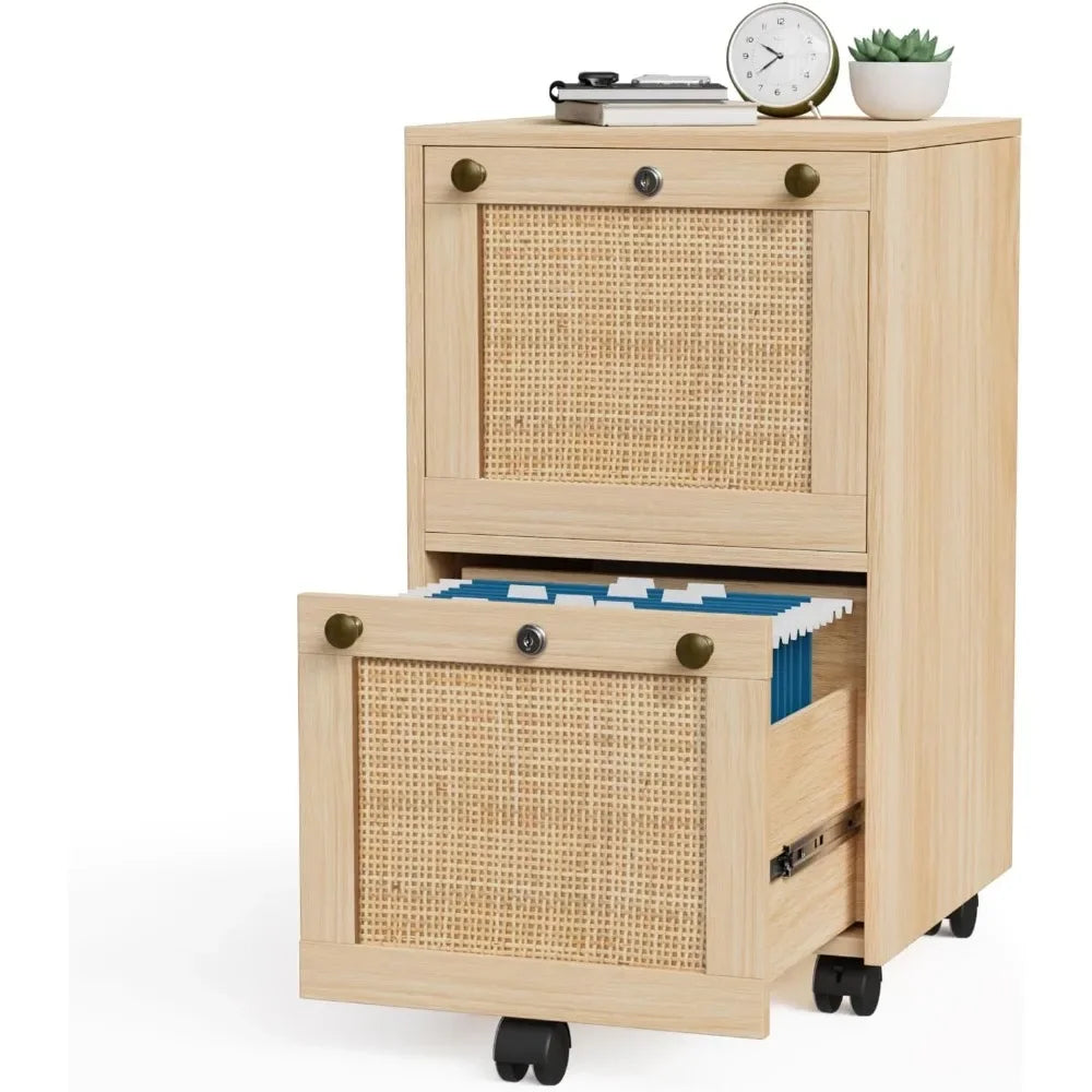 Rustic Rattan Filing Cabinet – Compact 2-Tier Floor Storage