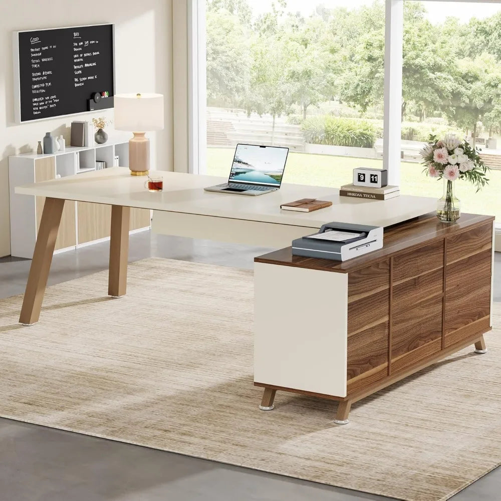 Modern L-Shaped Executive Desk 71" x 55" with File Cabinet and Open Shelving