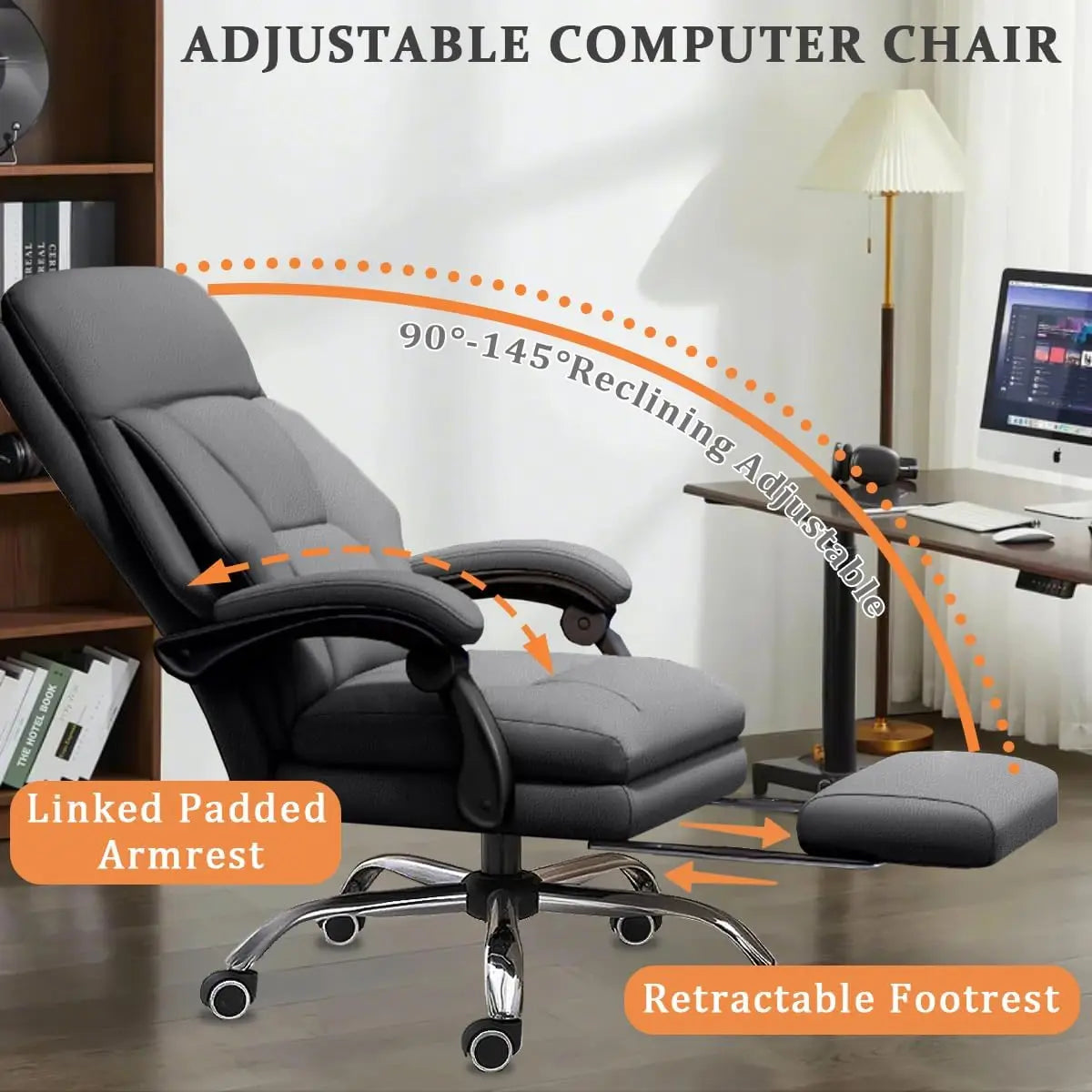 Ergonomic Executive Office Chair with Footrest & High Back – Grey Faux Leather