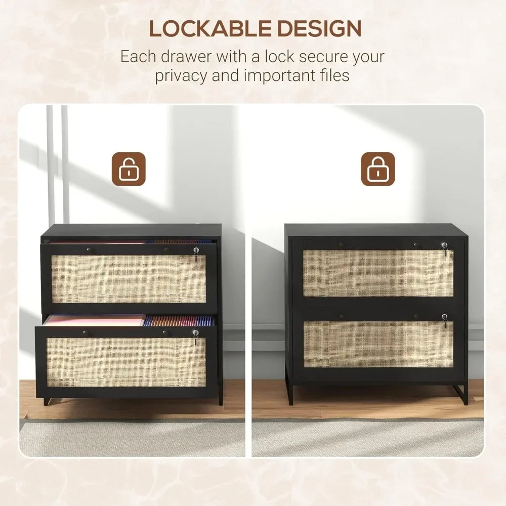 Boho Rattan Filing Cabinet – 2 Lockable Drawers with File Dividers