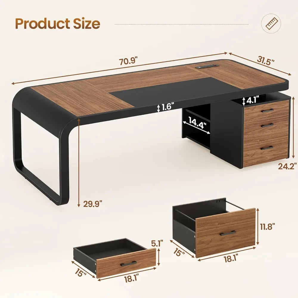Modern Executive Office Desk – 70.9” Computer Desk with Storage Cabinet & Built-In Charging Station
