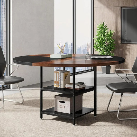 Focus & Furnished 47" Round Conference Table – Modern Meeting Table with Storage Shelf for 4–6 People, Office Collaboration Desk