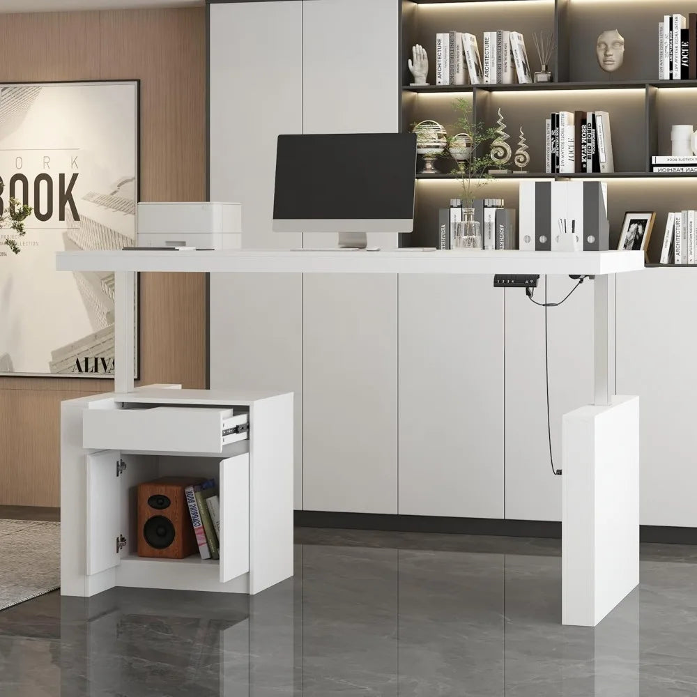 Modern adjustable sit stand white office desk with shelves and decor in a professional setting