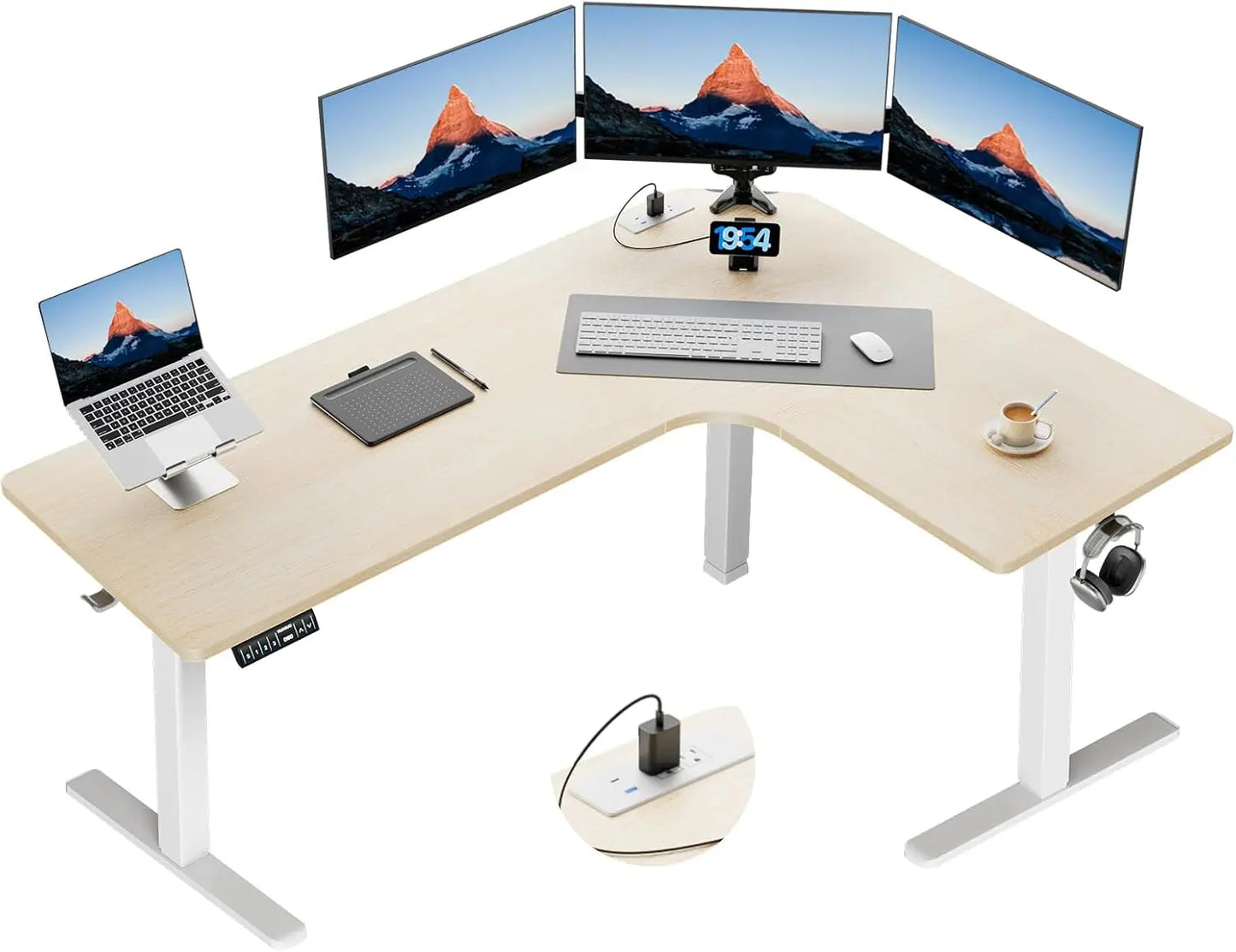 Light Wood L-shaped standing adjustable desk, electric desk with multiple outlets, and walking pad treadmill