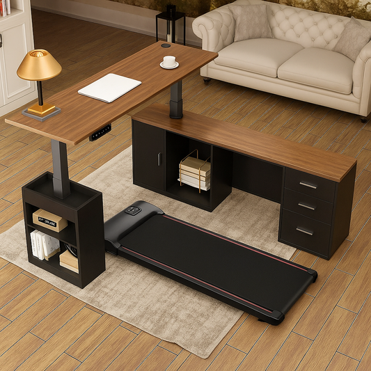 Wooden L-shaped standing electric desk with a treadmill and storage.