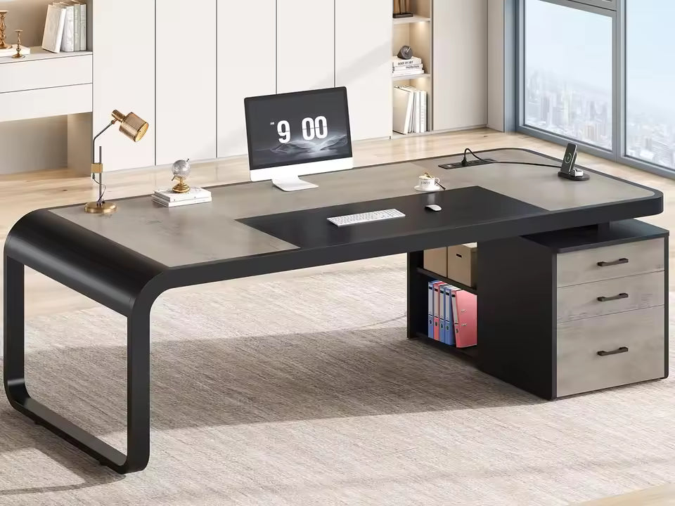 Modern Executive Office Desk – 70.9” Computer Desk with Storage Cabinet & Built-In Charging Station